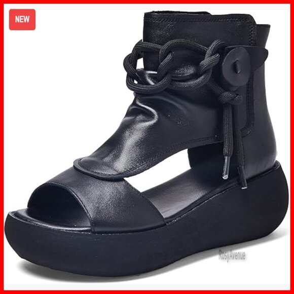 High Top Leather Sandals Open Toe Platform Heel Ankle Strap Zip Closure